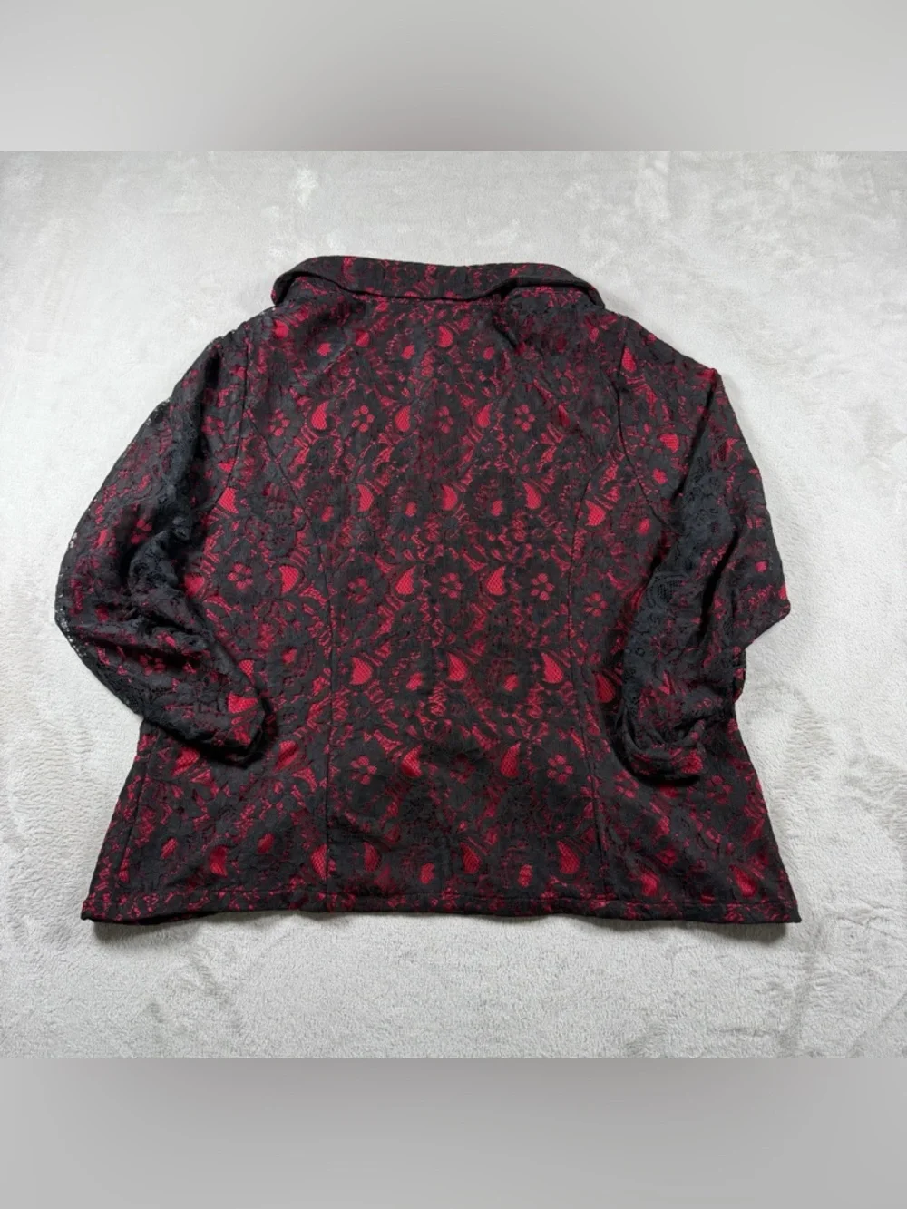 Torrid Women's Plus Size 2 Red Lined Black Lace Ruched 3/4‎ Sleeve Blazer Event